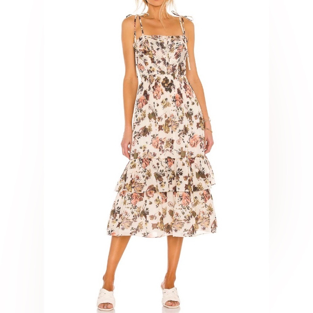Ulla Johnson Loraine Ruffle Tier Midi Dress Corset Bodice Biege Daisy/Floral 4